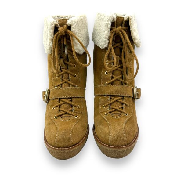 MICHAEL KORS tan suede sherpa heeled platform boots - Picture 11 of 14